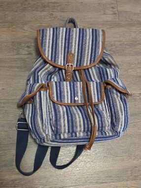 Striped Blue Canvas Drawstring Backpack with Brown Trim (Unisex)